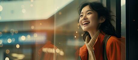 Happy Asian woman window shopping in city Copy space photo