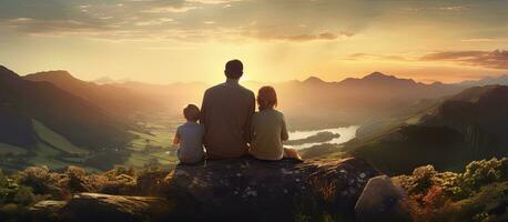 Parents and child peacefully watching sunset at mountains copy space photo