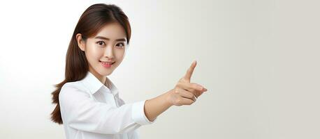 Asian woman in white shirt smiling and pointing to empty space suitable for advertising photo