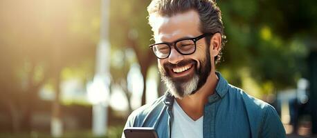 Bearded man using smartphone outdoors smiling making a call real person photo