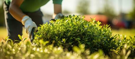 Professional landscaper trimming shrub with garden scissors Background blurred Copy space available photo