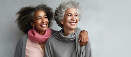 Two joyful middle aged women hugging and laughing standing against a grey wall photo