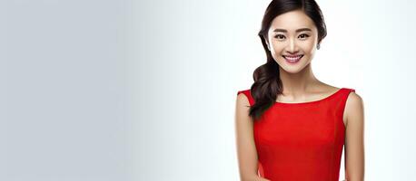 Asian woman in red dress standing behind blank white banner looking at camera photo
