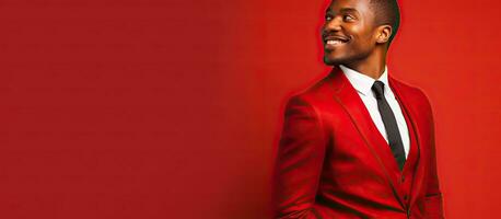 Portrait of a young confident African American businessman in a stylish suit standing with crossed hands and a smile against a vibrant red background photo