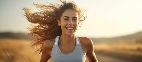 Young woman smiling and jogging along a country road radiating vitality in an active lifestyle photo