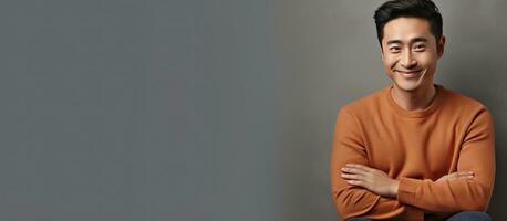 Portrait of happy Asian man with crossed arms looking aside at empty space against gray background photo