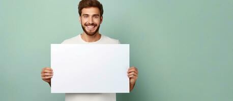 Cheerful man holding blank poster isolated on gray background photo