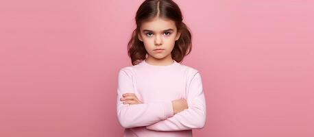 Little girl displaying non verbal refusal Pink background empty area for text Child expressing dissent denial photo