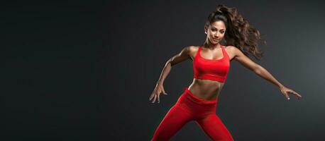 Smiling Latin woman warming up in red sportswear after gym training on grey background photo