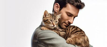 Young man hugs his cat with love isolated on white photo