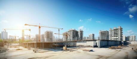 Construction site with unfinished residential buildings and copy space captured using a wide angle lens under a blue sky photo