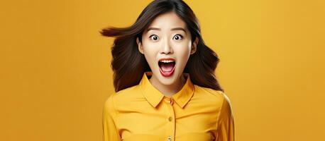 Excited Asian woman presenting a product with a surprised and happy expression and open mouth looking at the copy space photo