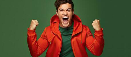 Brunet man in his 20s wearing a red t shirt and green jacket celebrates with a winner gesture isolated on an orange background photo