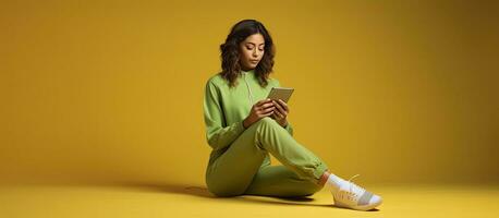 Stylish girl in green clothes using smartphone sitting on floor resting on yellow background holding phone and looking aside photo