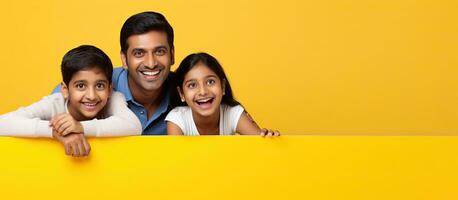 Indian couple posing behind white advertisement board showcasing empty space for your design over yellow studio background free space photo