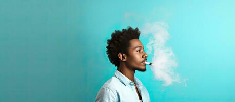 Blue background man using vaping device room for text photo