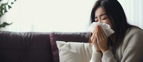 Closeup of a young Asian woman with health issues sitting on a couch and using a tissue for her runny nose indicating possible health conditions like s photo