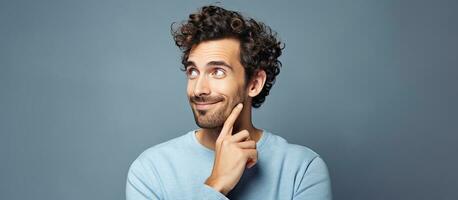 Photo of a charming intelligent man smiling while contemplating a blank board set against a muted gray background