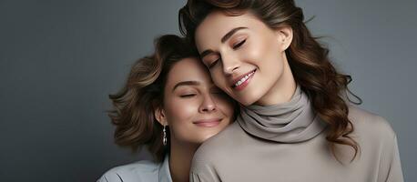 Happy young woman resting on fashionable mother s shoulder against gray backdrop banner photo