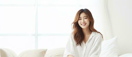 Asian female wakes up pretty in white bedroom smiling photo
