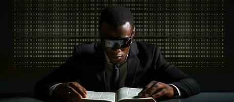 African American man reading braille in school library photo