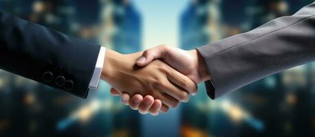 Partners shaking hands to signify business cooperation merger and acquisition joint venture photo