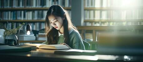 asiático hembra estudiante estudiando y escritura en biblioteca foto