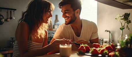 Couple happily cooks together at home as young man sweetly offers strawberry to his girlfriend photo