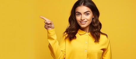 Energetic woman indicating empty space for advertisement isolated on yellow background photo