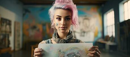 Creative woman with tattoos holding painting planning art exhibition in waist up portrait photo