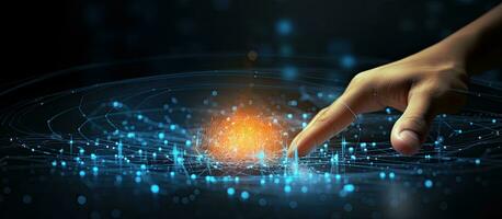 Background with hand touching circular diagram on virtual screen showing technology innovation network big data and internet photo