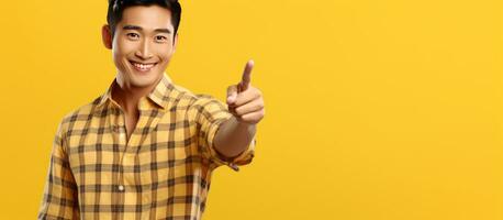 Young attractive Asian man in his 20s smiling wearing a plaid shirt pointing at an advertisement on a yellow background representing a lifestyle concep photo