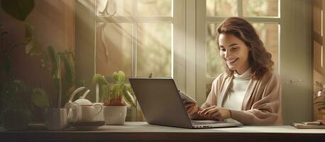 Joyful youth operating laptop in residence photo