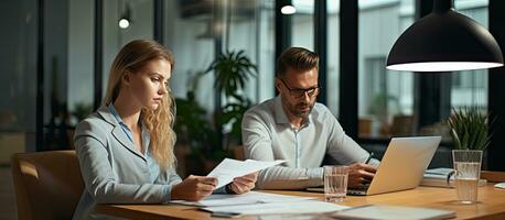 Male and female colleagues analyzing reports in office Copy space available photo