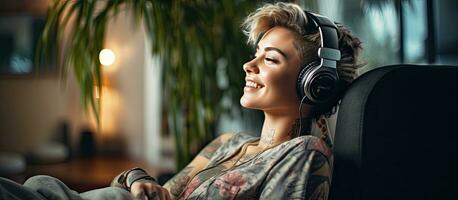 Contemporary tattooed woman with disability listening to music at home space available photo