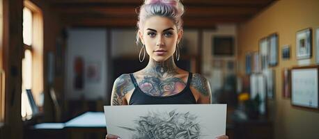 Creative woman with tattoos holding painting planning art exhibition in waist up portrait photo