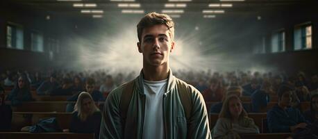 College student standing in lecture room depicted in portrait photo