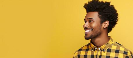 Happy African American man in checkered shirt standing alone looking away in front of yellow background photo