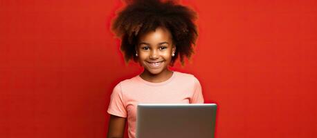 Smiling young African American girl with laptop on red wall background studio portrait People lifestyle concept Mock up copy space photo