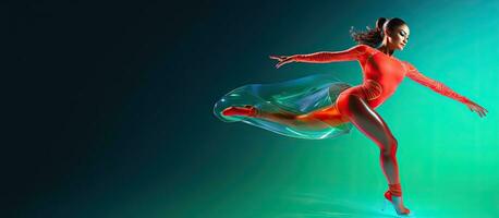 Junior female figure skater in red costume performs on neon green blue background representing sport beauty and winter sports photo