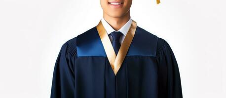 Happy student pointing at empty area isolated on white background in a portrait photo