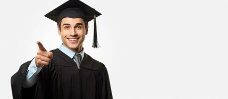 Happy student pointing at empty area isolated on white background in a portrait photo