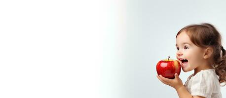 Caucasian child biting red apple on white background Extra wide banner photo