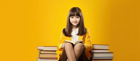 Chinese schoolgirl sitting posing on yellow background with books Studio photo text space