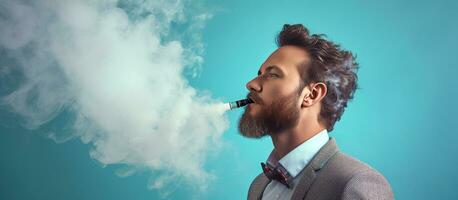 Blue background man using vaping device room for text photo