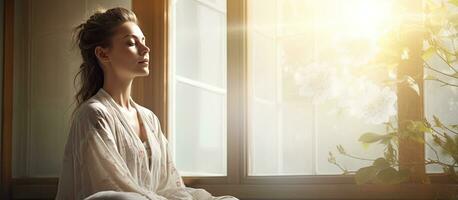 Calm lady in robe meditating by window photo