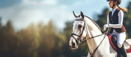 Teenage girl participating in advanced dressage test on horseback photo