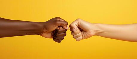 Close up of young people bumping fists on a yellow background symbolizing interracial friendship and unity space for text photo