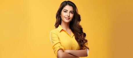 Young Indian woman with empty blank board posing for advertisement while standing against yellow studio background photo