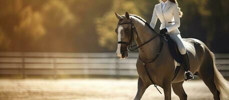 Adolescente niña participativo en avanzado entrenamiento de caballos prueba en lado de caballo foto